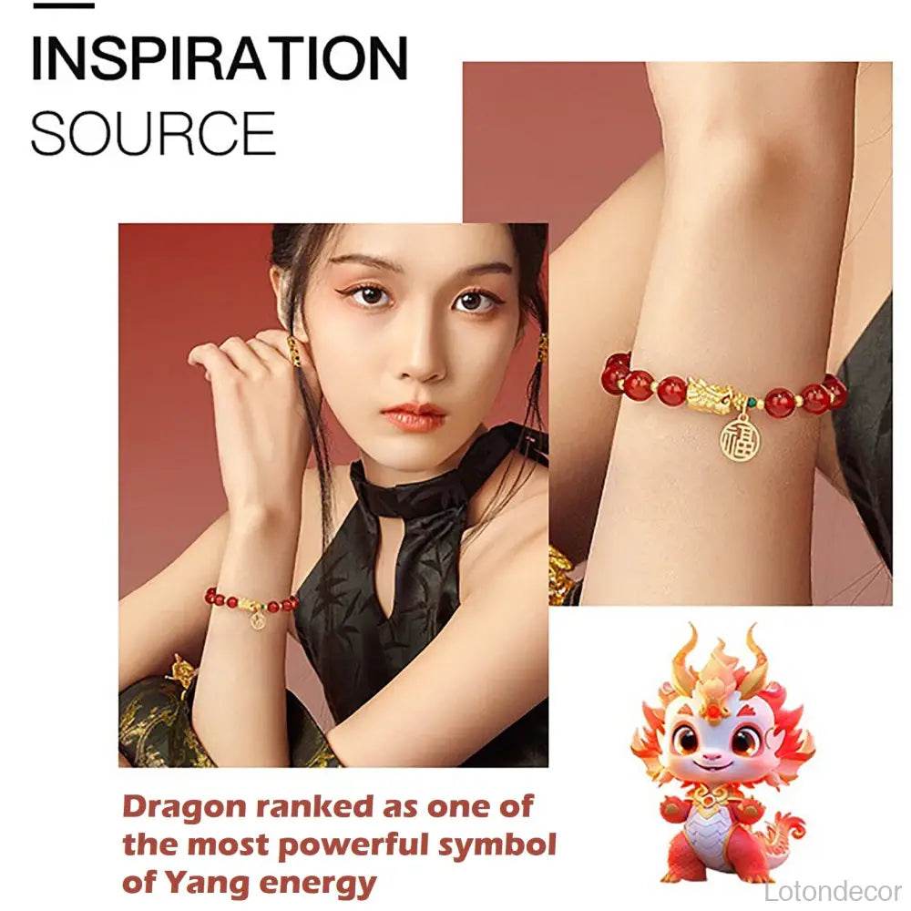 Black Obsidian/Red Agate Bracelet Vietnamese Gold Dragon Head Chakra Balance Gem Zodiac Spiritual Animal Talisman - Loton Decor