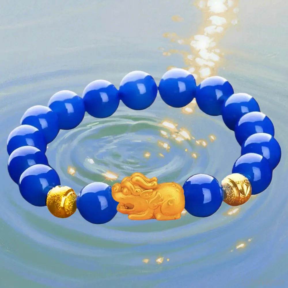 Blue Agate Pi Xiu Bracelet 18K Gold-filled Pure Silver Pi Yao Feng Shui Wealth Crystal Bracelet for Money Prosperity - Loton Decor