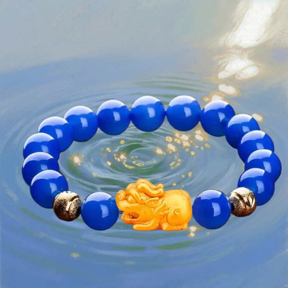 Blue Agate Pi Xiu Bracelet 18K Gold-filled Pure Silver Pi Yao Feng Shui Wealth Crystal Bracelet for Money Prosperity - Loton Decor