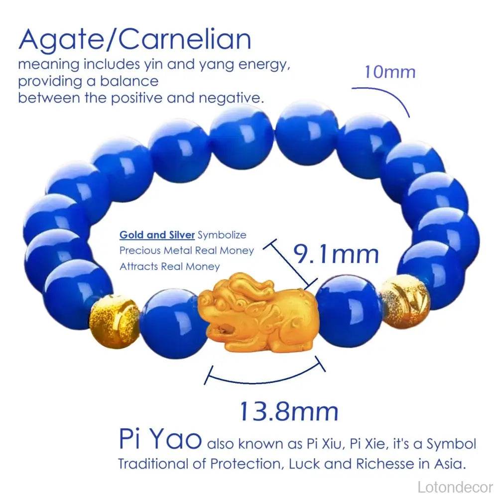 Blue Agate Pi Xiu Bracelet 18K Gold-filled Pure Silver Pi Yao Feng Shui Wealth Crystal Bracelet for Money Prosperity - Loton Decor