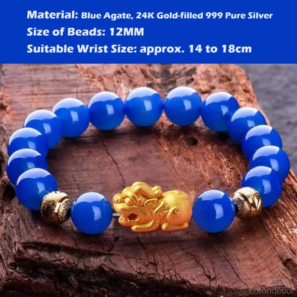Blue Agate Pi Xiu Bracelet 18K Gold-filled Pure Silver Pi Yao Feng Shui Wealth Crystal Bracelet for Money Prosperity - Loton Decor