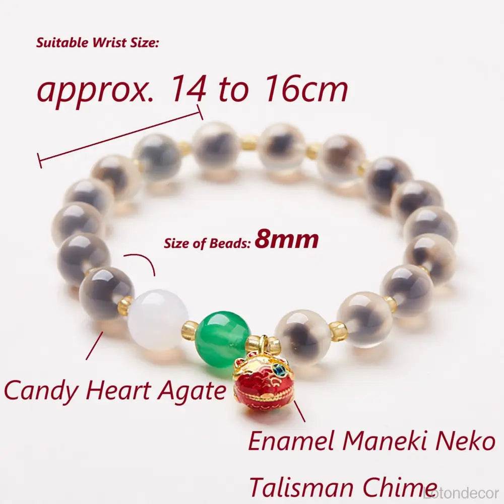 Blue Candy Heart Agate Bracelet Lucky Cat Maneki Neko Charm Gobi Desert Carnelian Feng Shui Wealth Bracelet - Loton Decor
