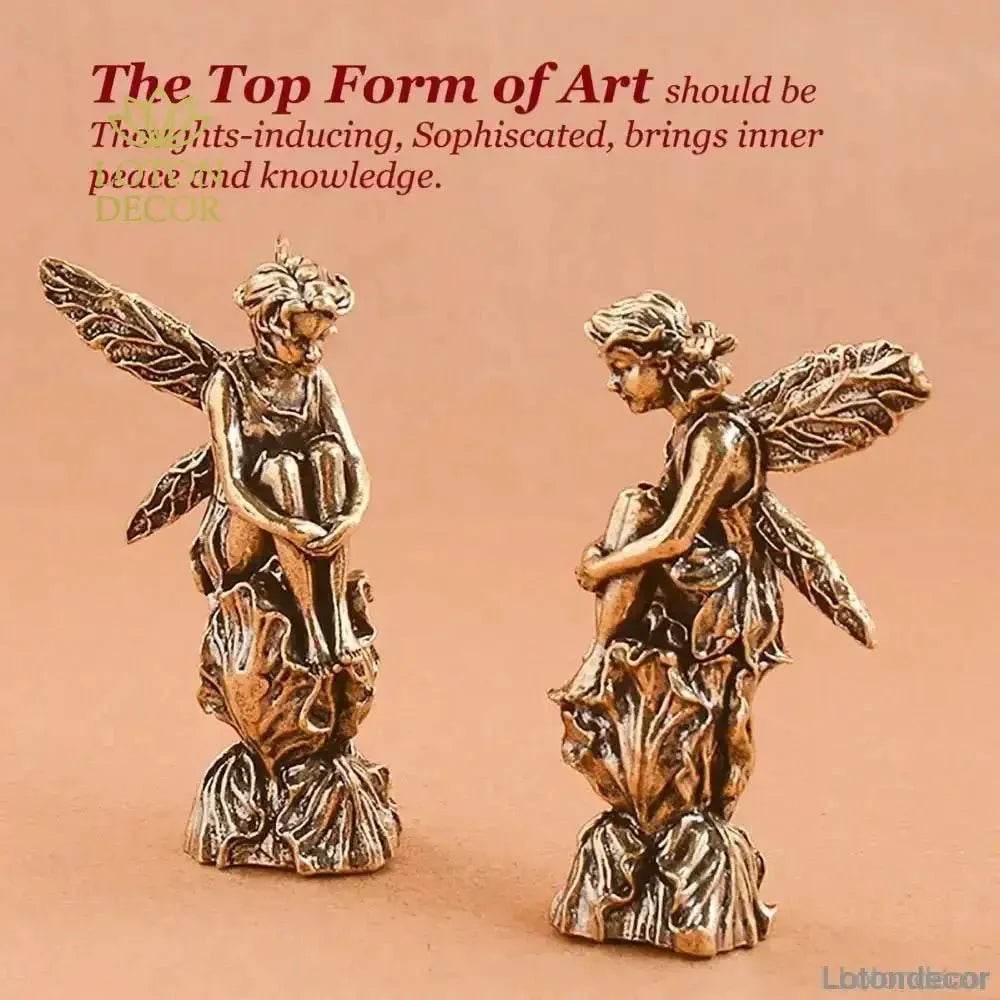 Brass Angel Statue Fairy Perch on Rose Petals Feng Shui Metal Wealth Statue Love Amulet - Loton Decor