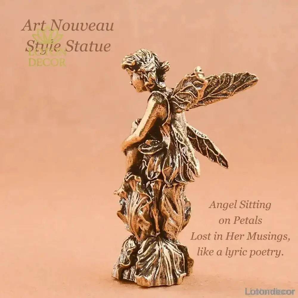 Brass Angel Statue Fairy Perch on Rose Petals Feng Shui Metal Wealth Statue Love Amulet - Loton Decor
