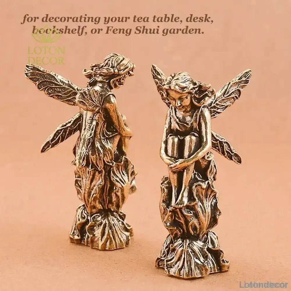 Brass Angel Statue Fairy Perch on Rose Petals Feng Shui Metal Wealth Statue Love Amulet - Loton Decor