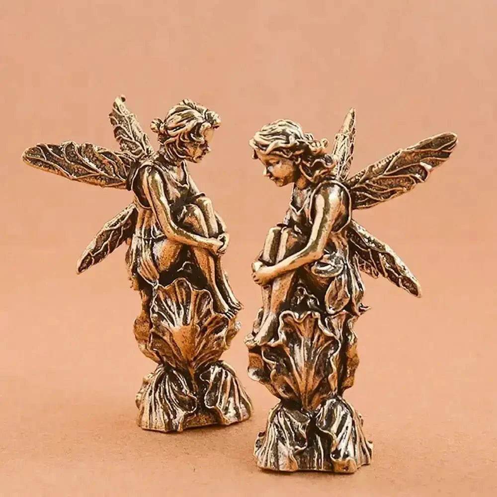 Brass Angel Statue Fairy Perch on Rose Petals Feng Shui Metal Wealth Statue Love Amulet - Loton Decor