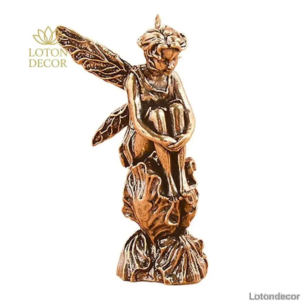 Brass Angel Statue Fairy Perch on Rose Petals Feng Shui Metal Wealth Statue Love Amulet - Loton Decor