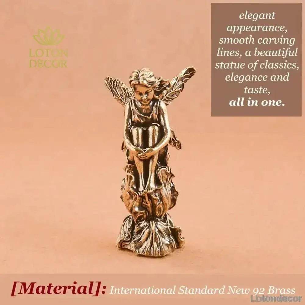 Brass Angel Statue Fairy Perch on Rose Petals Feng Shui Metal Wealth Statue Love Amulet - Loton Decor