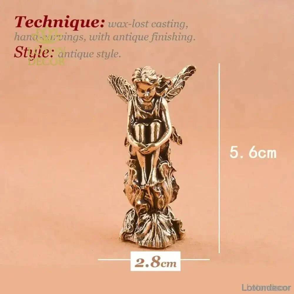 Brass Angel Statue Fairy Perch on Rose Petals Feng Shui Metal Wealth Statue Love Amulet - Loton Decor
