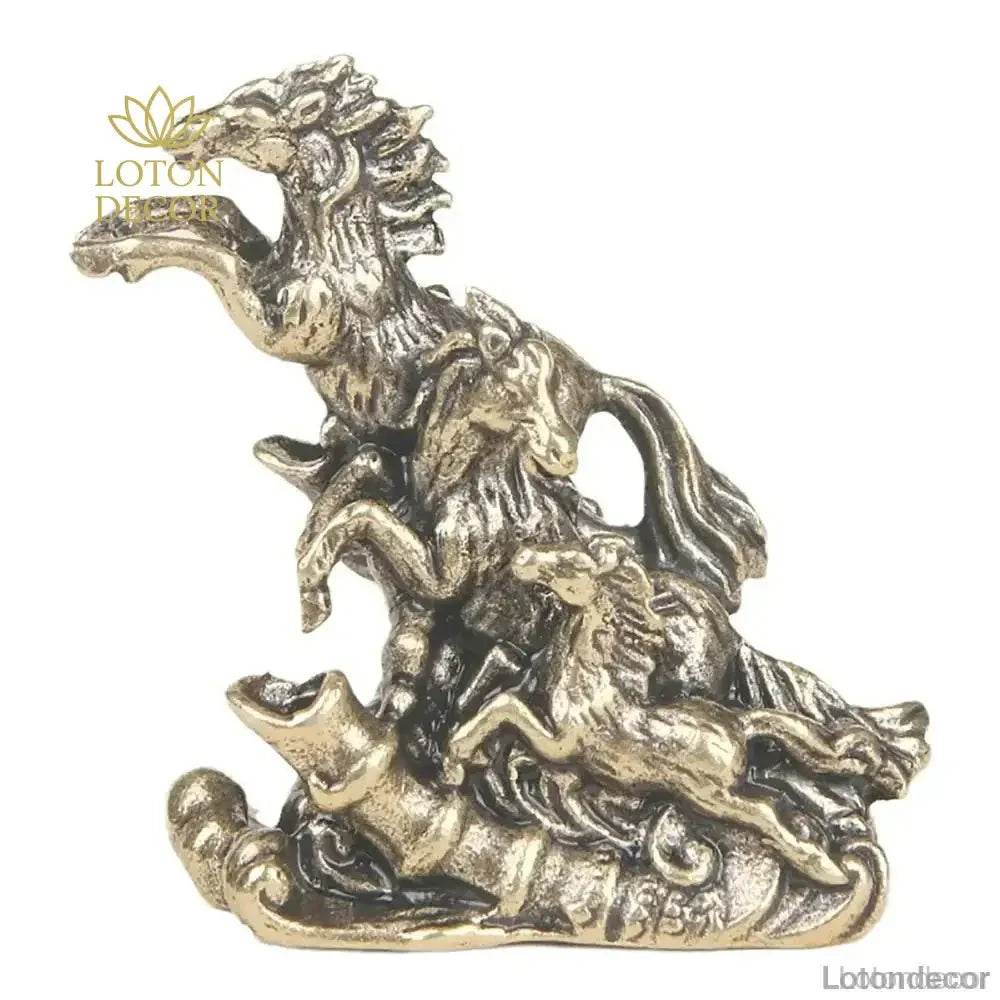 Brass Horses Statue Miniature Chinese Antique Metal Art Feng Shui Wealth Statue Zodiac Animal - Loton Decor