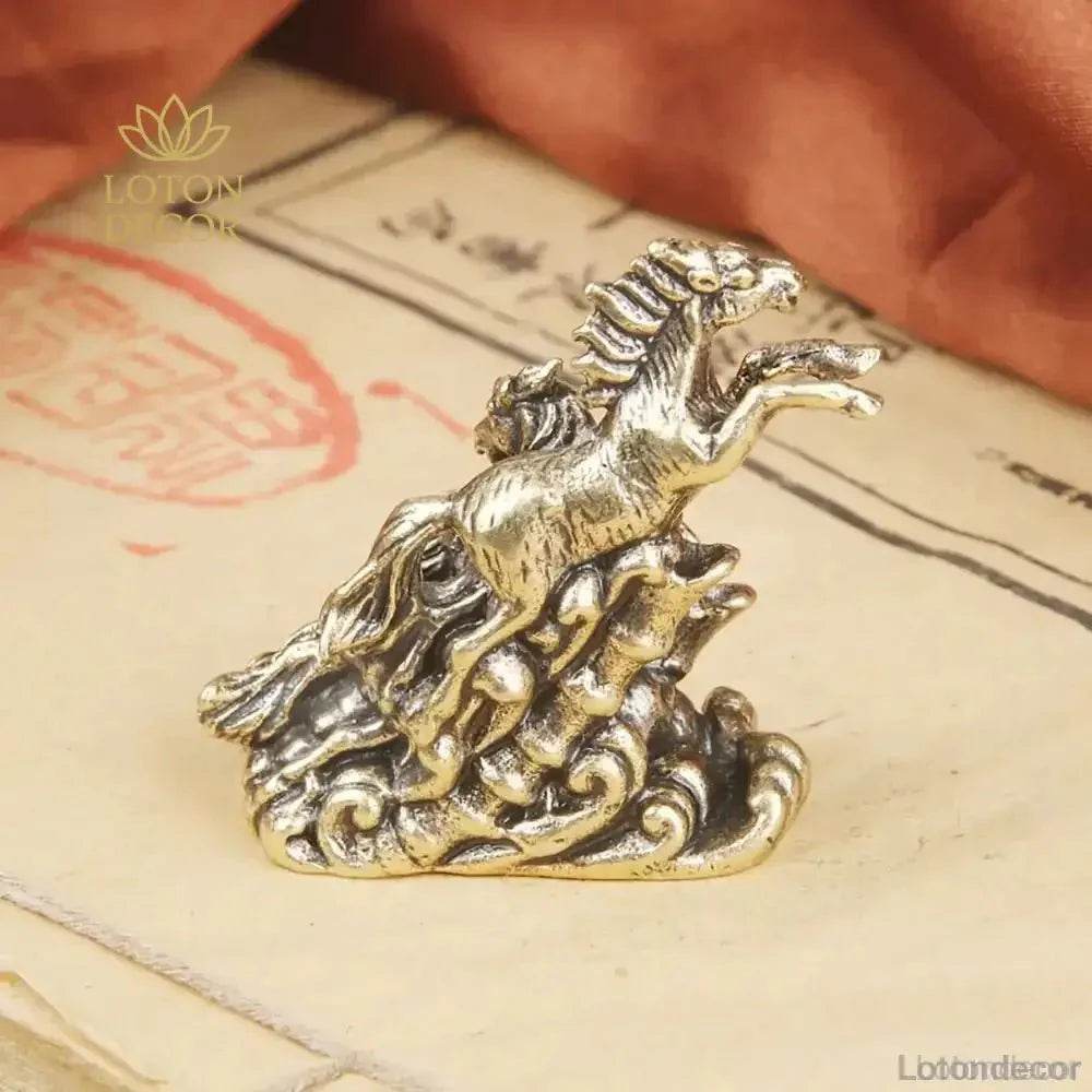 Brass Horses Statue Miniature Chinese Antique Metal Art Feng Shui Wealth Statue Zodiac Animal - Loton Decor