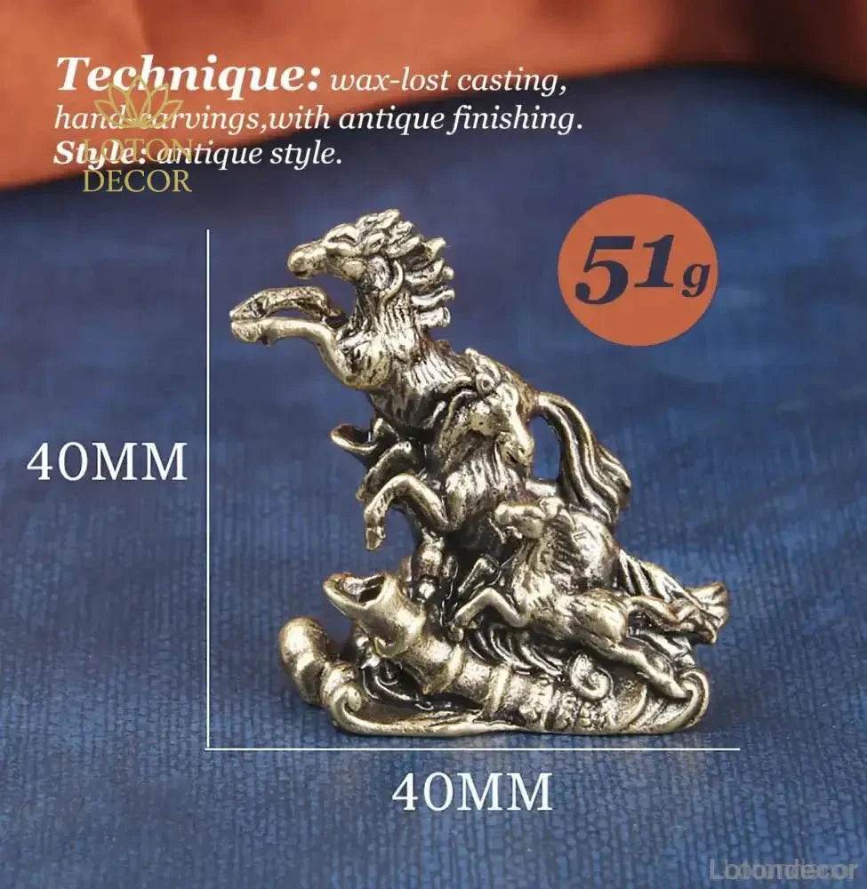 Brass Horses Statue Miniature Chinese Antique Metal Art Feng Shui Wealth Statue Zodiac Animal - Loton Decor