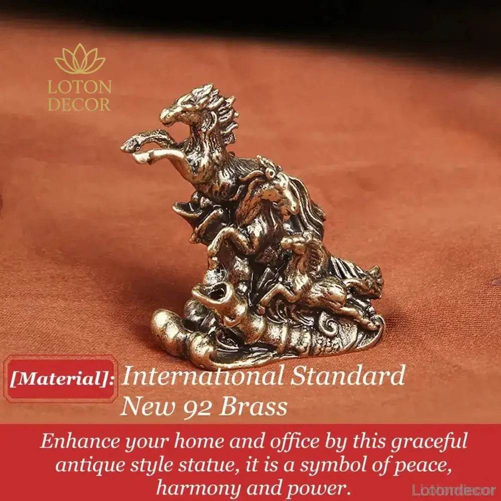Brass Horses Statue Miniature Chinese Antique Metal Art Feng Shui Wealth Statue Zodiac Animal - Loton Decor