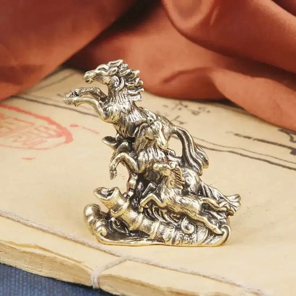 Brass Horses Statue Miniature Chinese Antique Metal Art Feng Shui Wealth Statue Zodiac Animal - Loton Decor