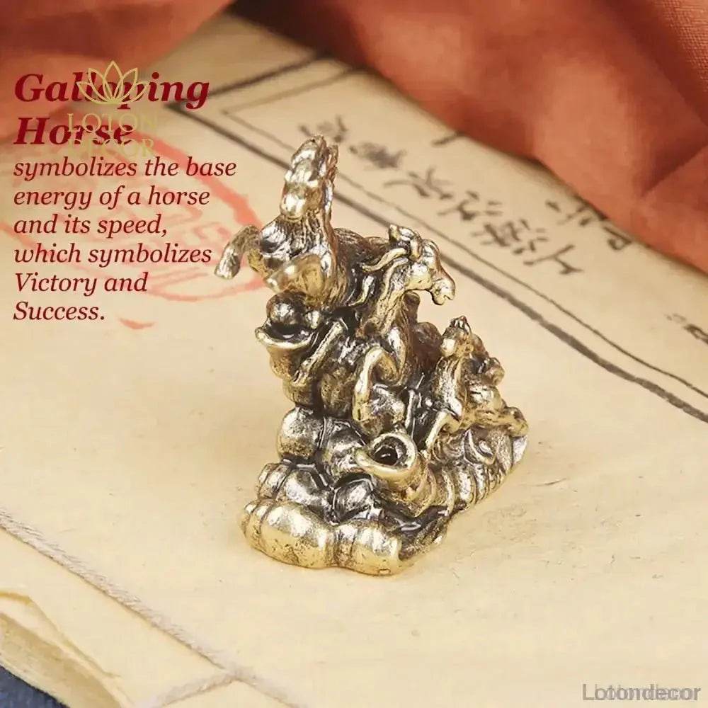 Brass Horses Statue Miniature Chinese Antique Metal Art Feng Shui Wealth Statue Zodiac Animal - Loton Decor