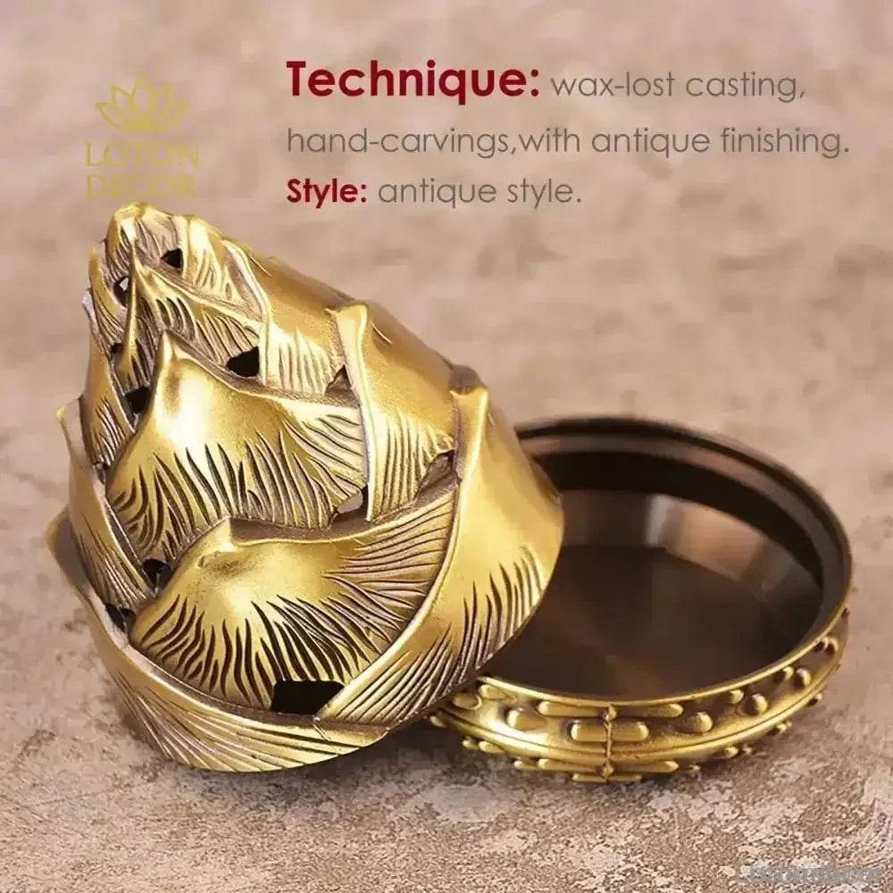 Brass Incense Burner Bamboo Sprout 4.5inch Antique Incensory Rock Garden Style - Loton Decor