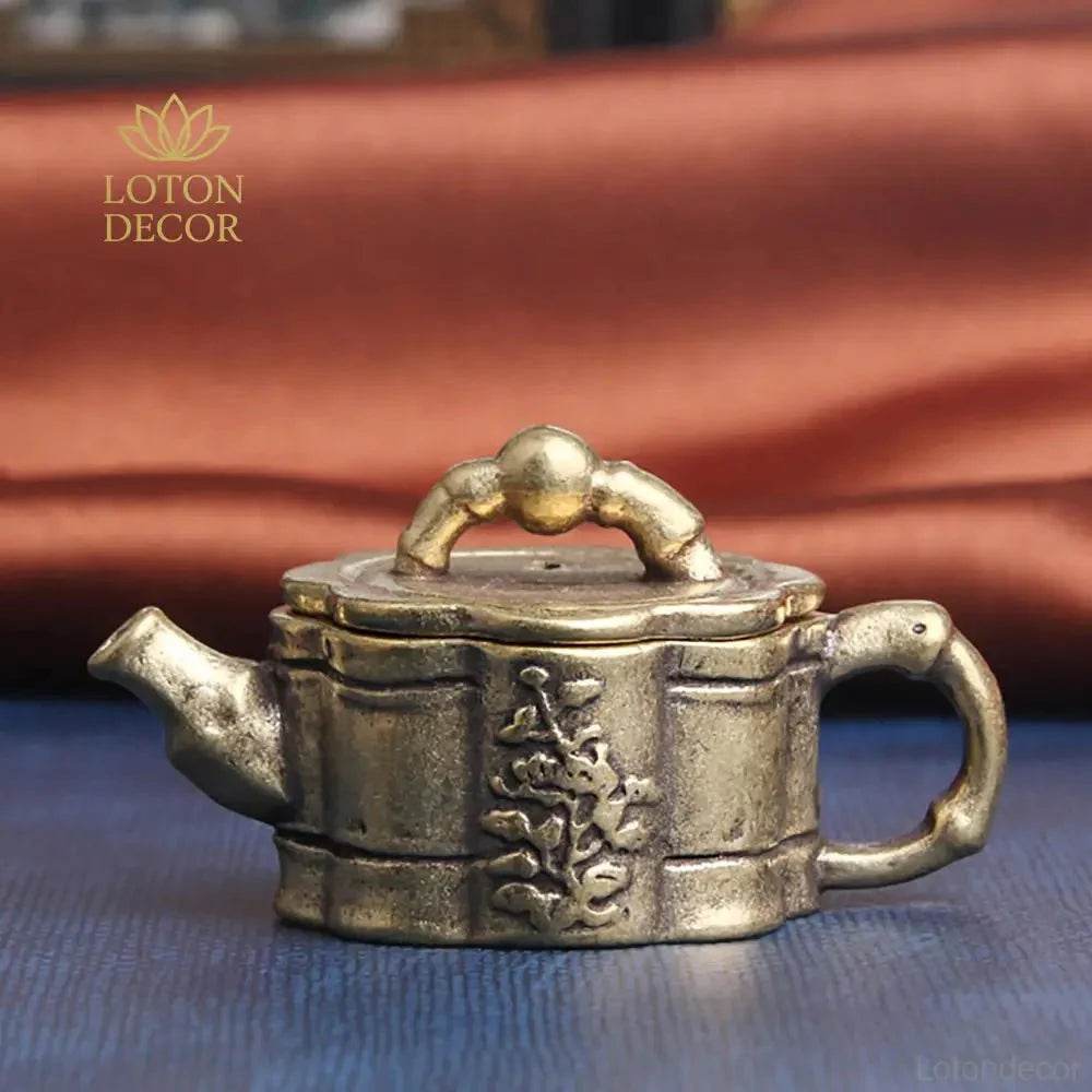 Brass Mini Teapot Bamboo Feng Shui Treasure Tea Pot Wealth Attraction Tea Pet Antique Meditation Zen Decor - Loton Decor