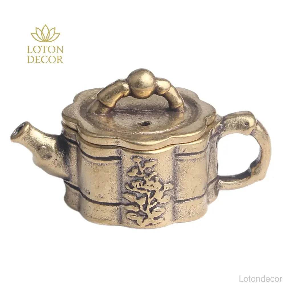 Brass Mini Teapot Bamboo Feng Shui Treasure Tea Pot Wealth Attraction Tea Pet Antique Meditation Zen Decor - Loton Decor