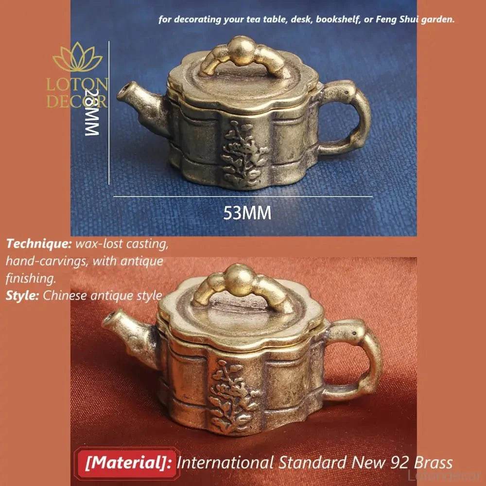 Brass Mini Teapot Bamboo Feng Shui Treasure Tea Pot Wealth Attraction Tea Pet Antique Meditation Zen Decor - Loton Decor