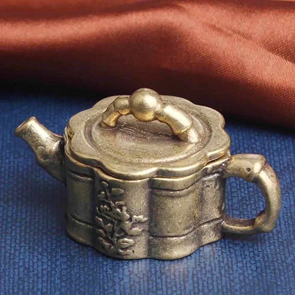 Brass Mini Teapot Bamboo Feng Shui Treasure Tea Pot Wealth Attraction Tea Pet Antique Meditation Zen Decor - Loton Decor