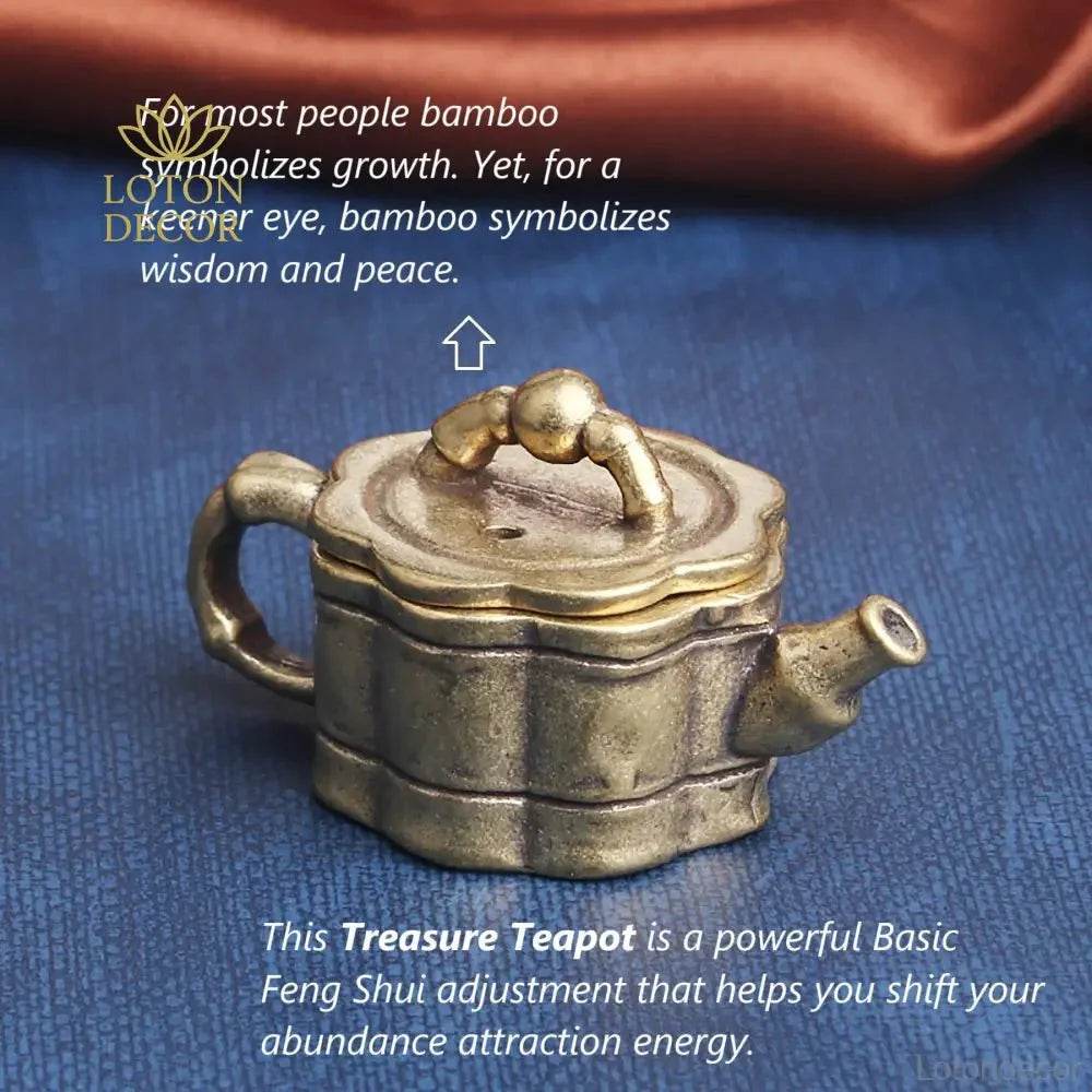 Brass Mini Teapot Bamboo Feng Shui Treasure Tea Pot Wealth Attraction Tea Pet Antique Meditation Zen Decor - Loton Decor