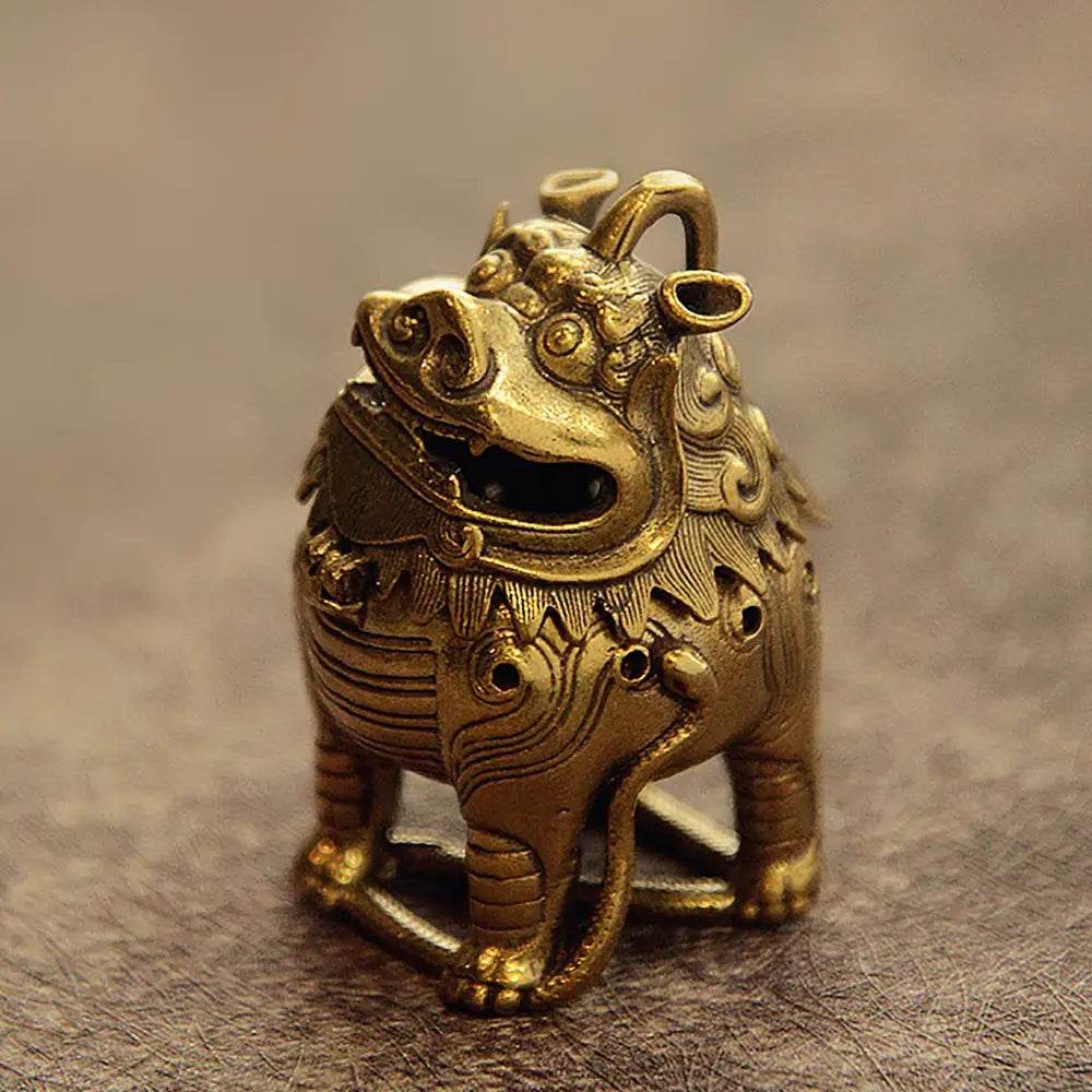 Brass Pi Xiu Incense Burner Feng Shui Wealth Statue Roof Ridge Lion Auspicious Animal for Prosperity Luck - Loton Decor