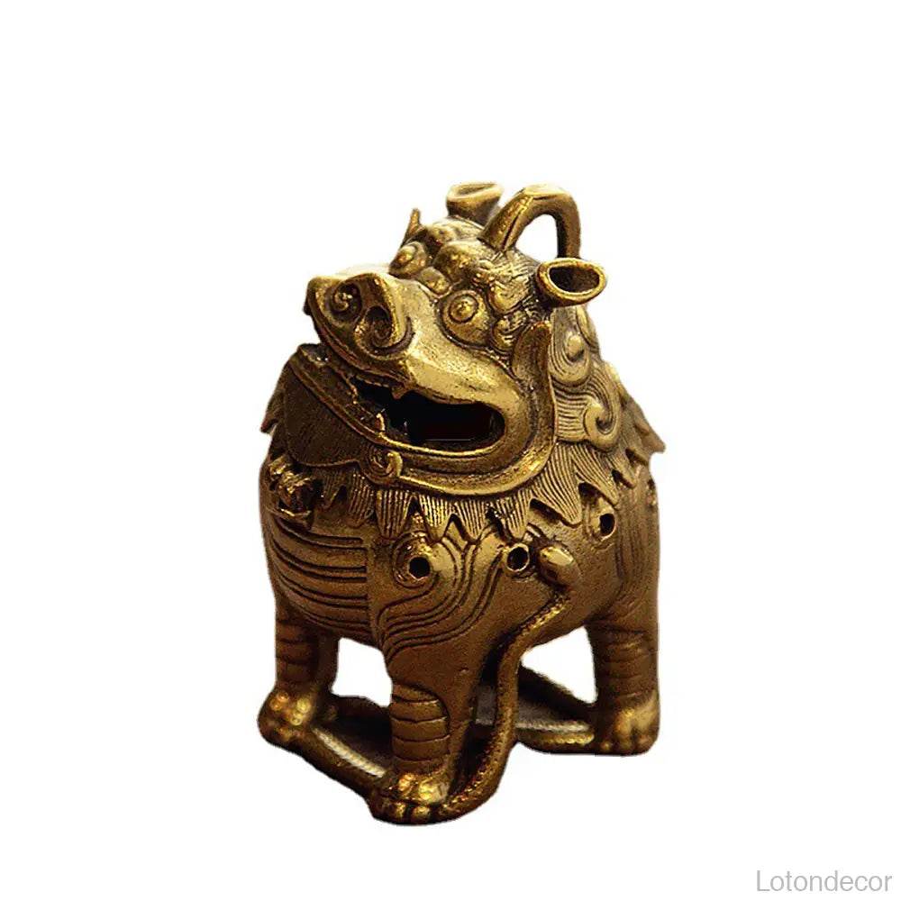 Brass Pi Xiu Incense Burner Feng Shui Wealth Statue Roof Ridge Lion Auspicious Animal for Prosperity Luck - Loton Decor