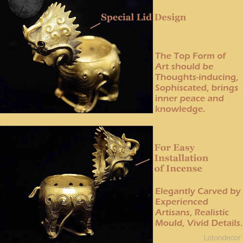 Brass Pi Xiu Incense Burner Feng Shui Wealth Statue Roof Ridge Lion Auspicious Animal for Prosperity Luck - Loton Decor