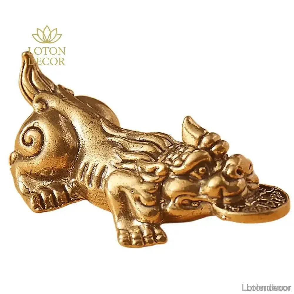 Brass Pi Xiu Statue Pi Yao Bite Coin 7.5cm Feng Shui Wealth Statue Talisman for Money Luck - Loton Decor