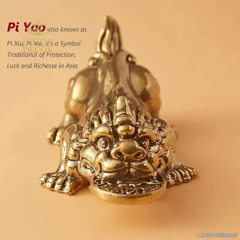 Brass Pi Xiu Statue Pi Yao Bite Coin 7.5cm Feng Shui Wealth Statue Talisman for Money Luck - Loton Decor