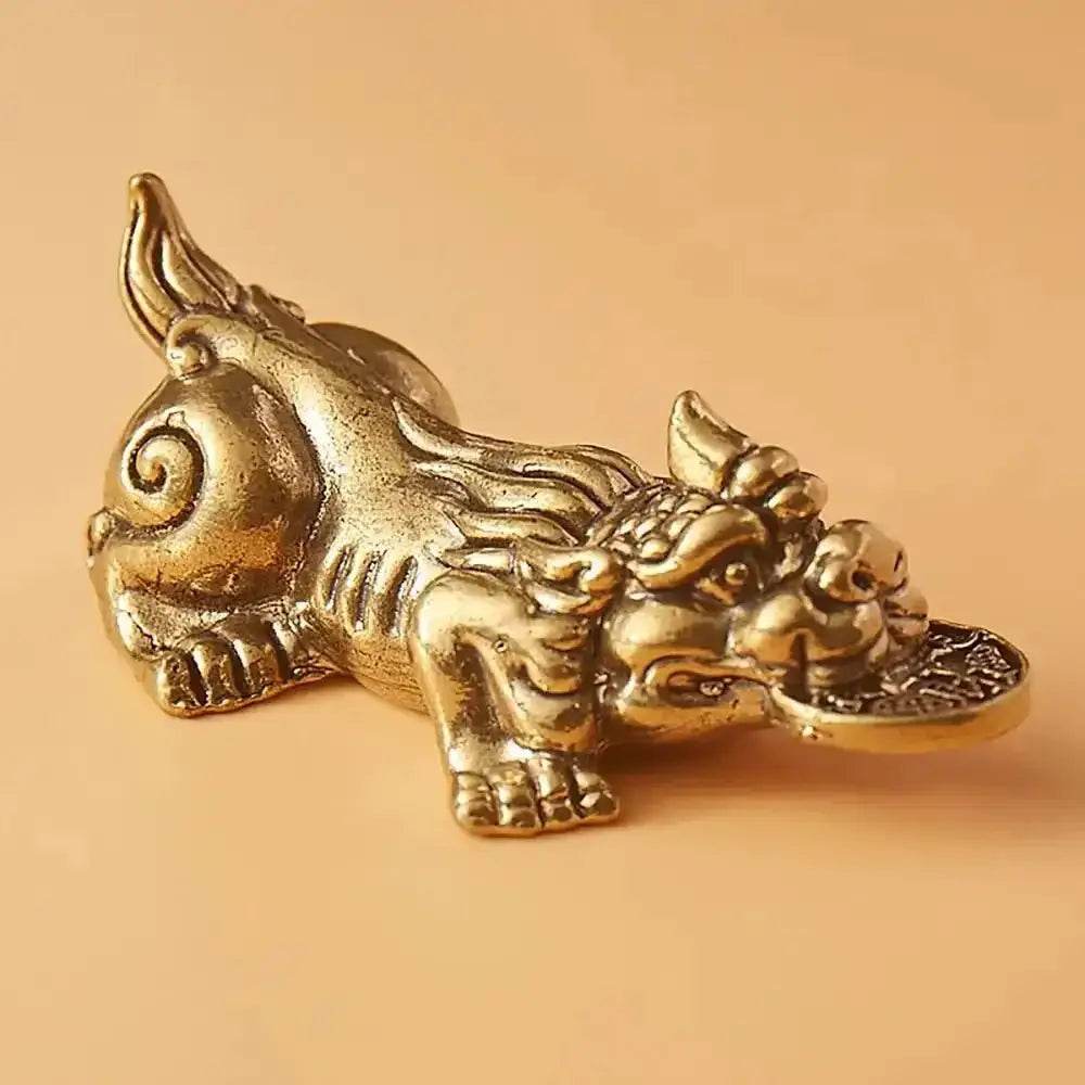 Brass Pi Xiu Statue Pi Yao Bite Coin 7.5cm Feng Shui Wealth Statue Talisman for Money Luck - Loton Decor