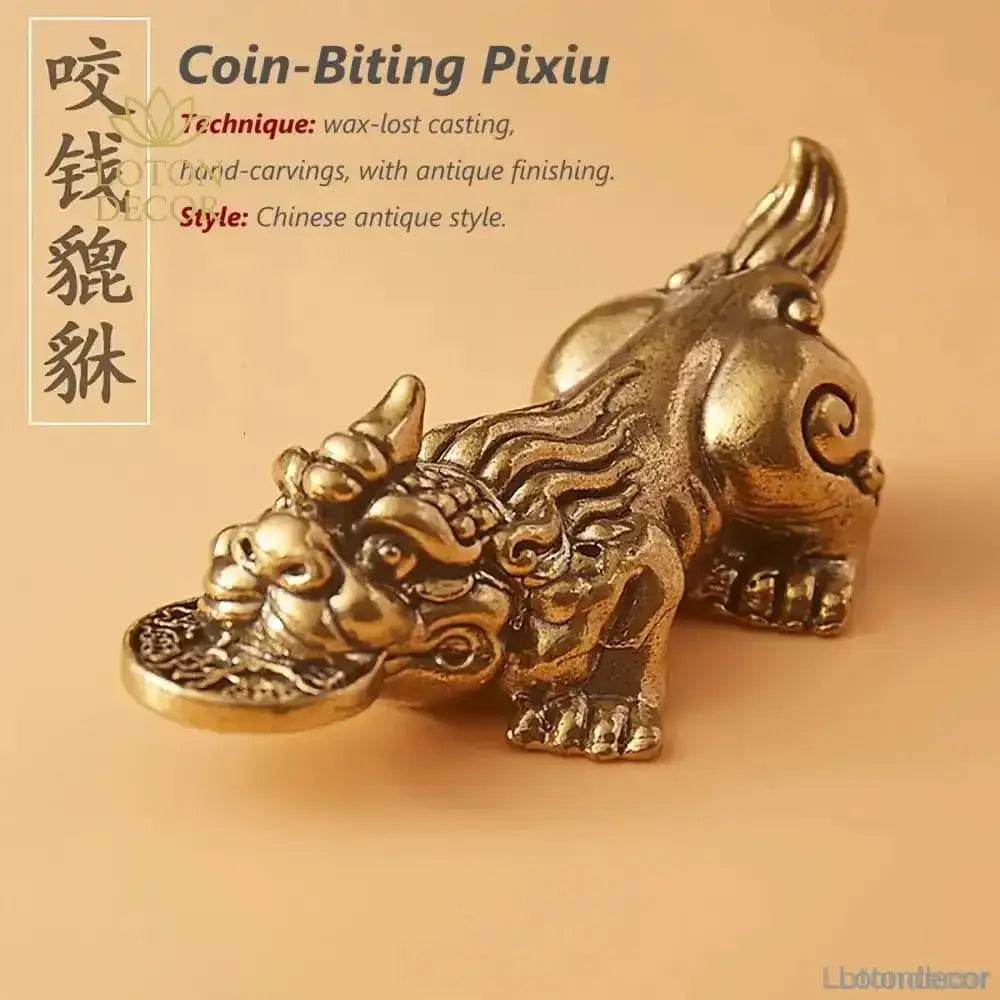 Brass Pi Xiu Statue Pi Yao Bite Coin 7.5cm Feng Shui Wealth Statue Talisman for Money Luck - Loton Decor