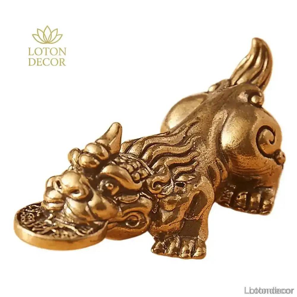 Brass Pi Xiu Statue Pi Yao Bite Coin 7.5cm Feng Shui Wealth Statue Talisman for Money Luck - Loton Decor