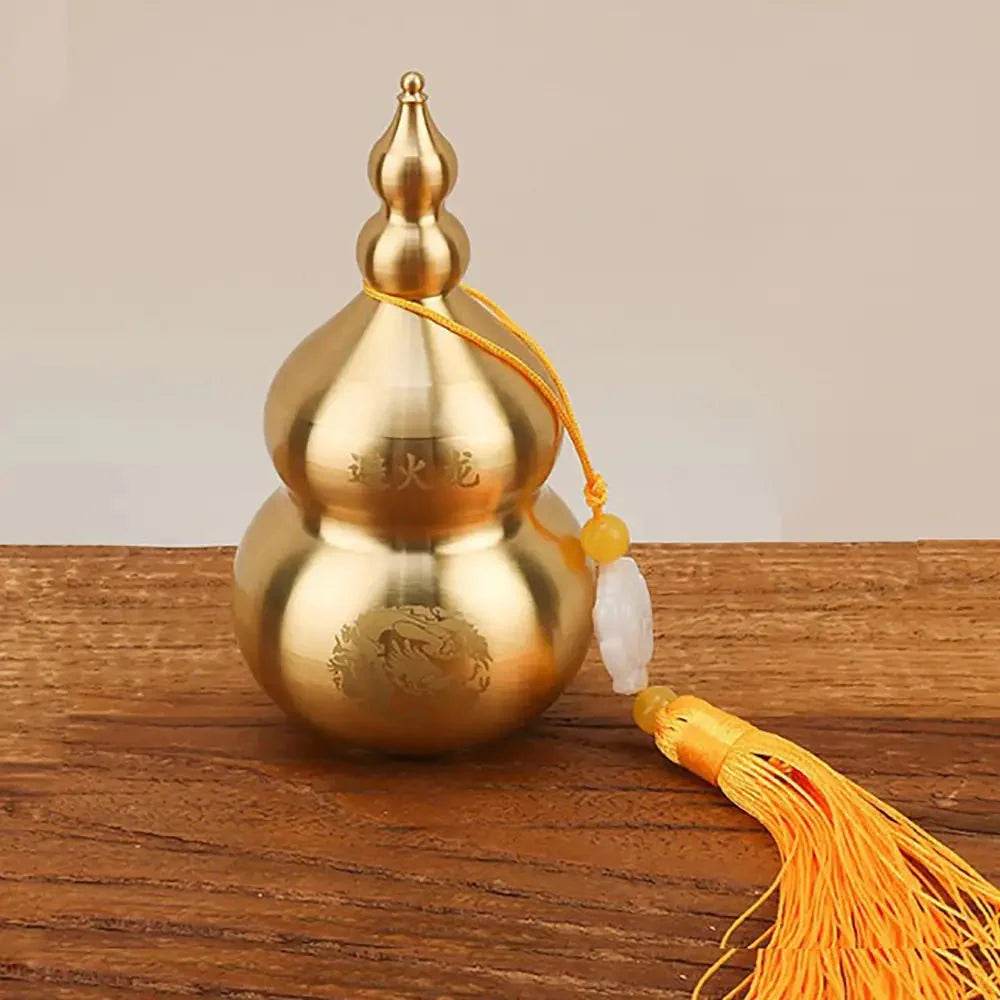 Brass Wu Lou Gourd with Tassel Fire Avoid Calabash Feng Shui Wealth Attraction Statue Kitchen Decor for Prosperity - Loton Decor