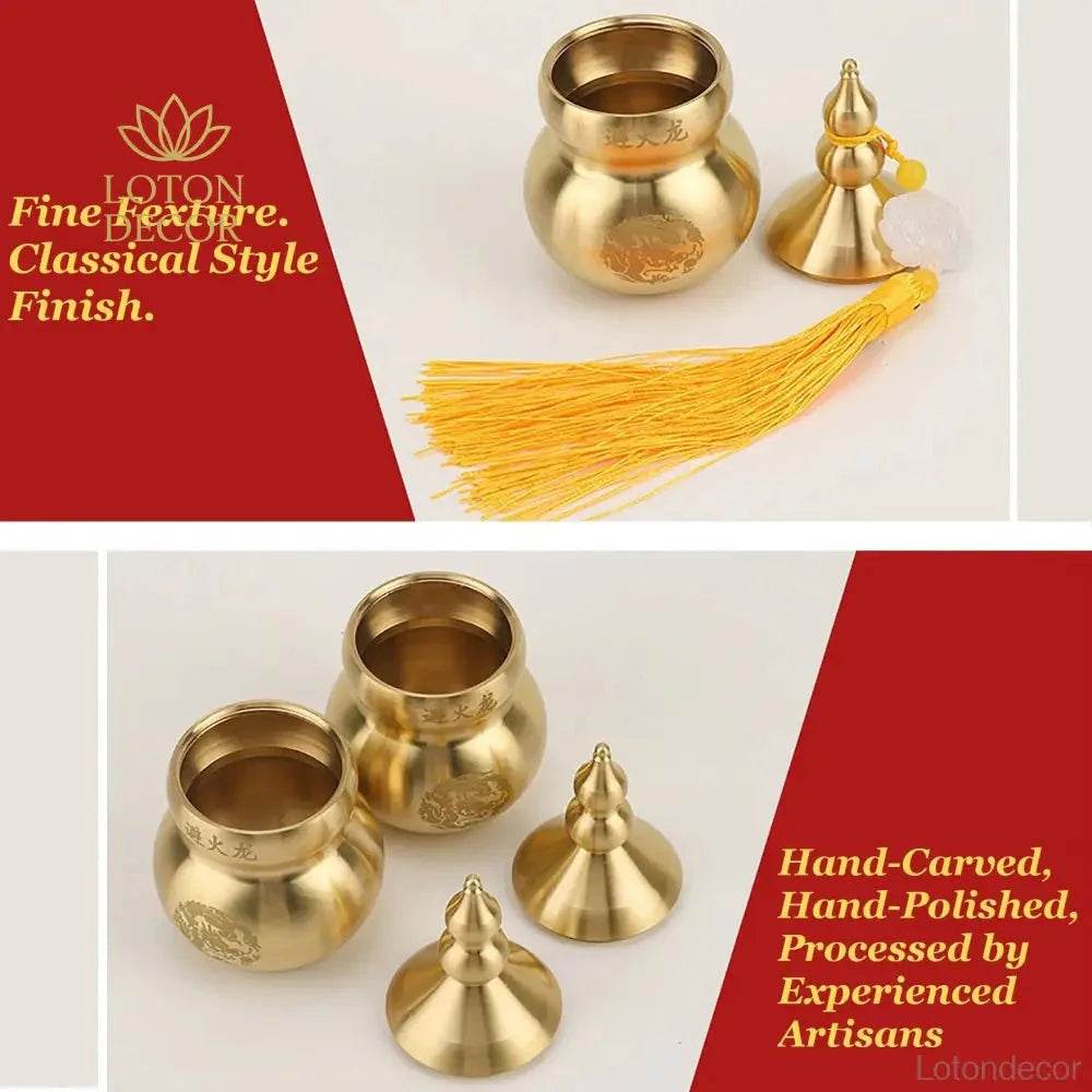 Brass Wu Lou Gourd with Tassel Fire Avoid Calabash Feng Shui Wealth Attraction Statue Kitchen Decor for Prosperity - Loton Decor