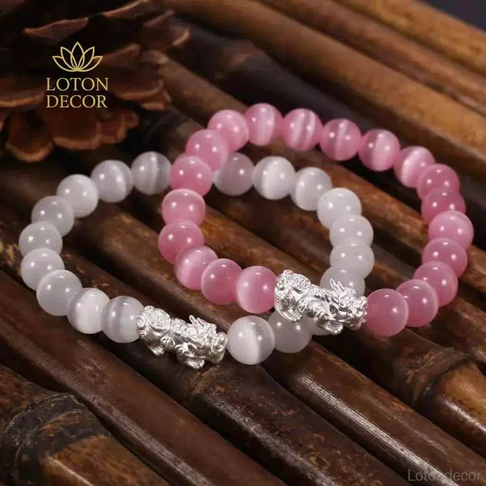 Cat Eye Pixiu Bracelet – Silver Crystal Luck Charm for Women - Loton Decor
