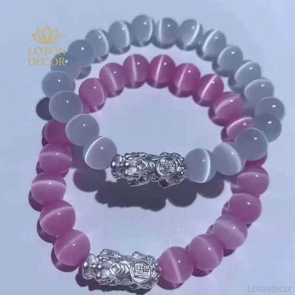 Cat Eye Pixiu Bracelet – Silver Crystal Luck Charm for Women - Loton Decor