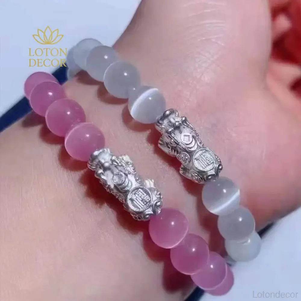 Cat Eye Pixiu Bracelet – Silver Crystal Luck Charm for Women - Loton Decor