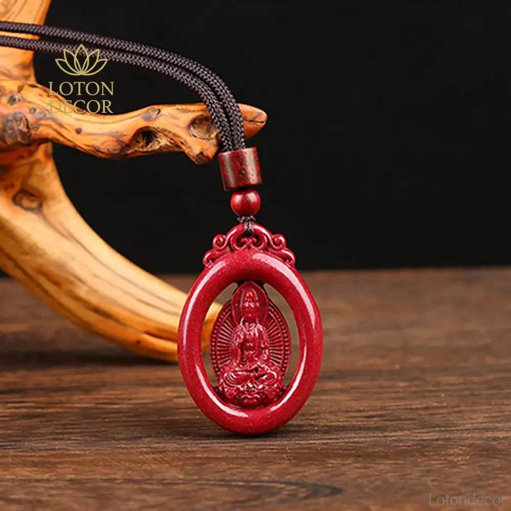 Cinnabar Guanyin Necklace – Red Wealth Reiki Amulet - Loton Decor