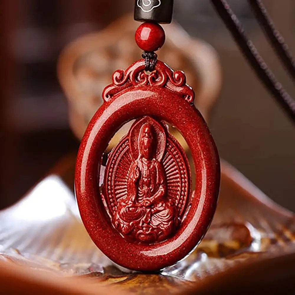 Cinnabar Guanyin Necklace – Red Wealth Reiki Amulet - Loton Decor