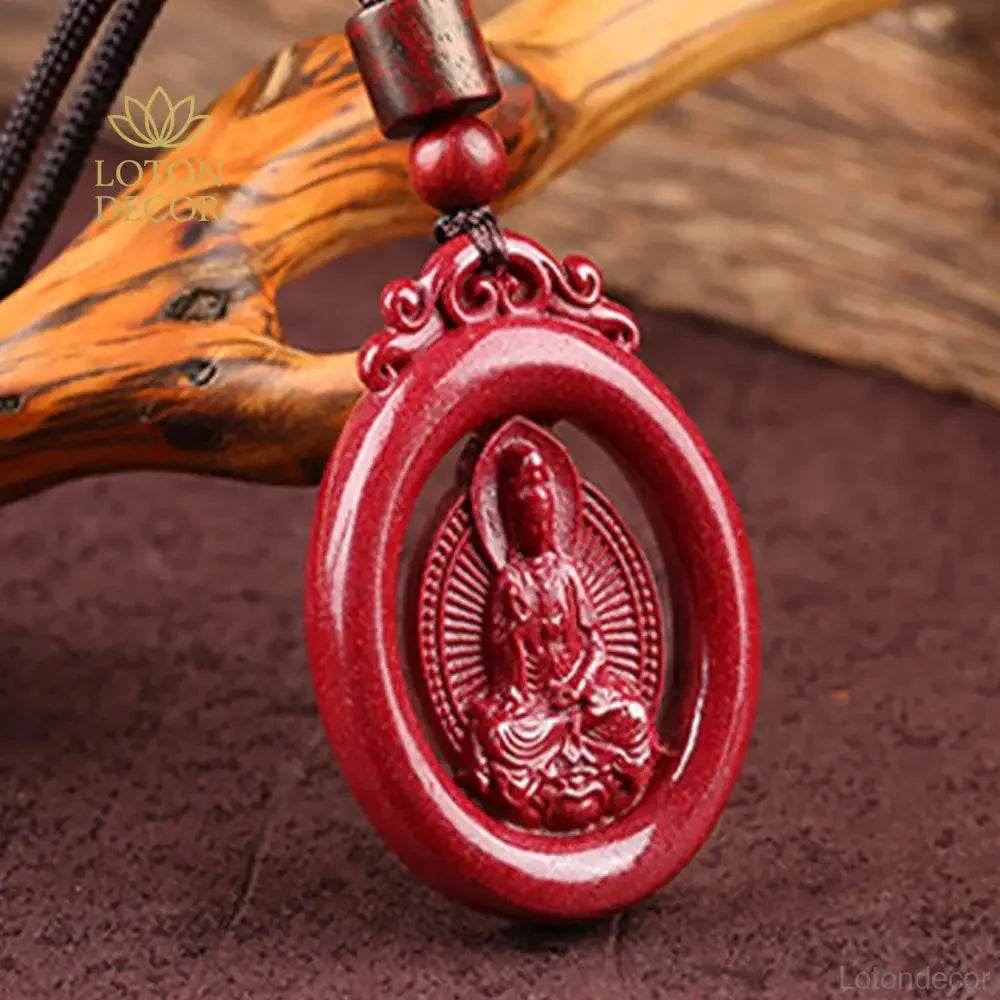 Cinnabar Guanyin Necklace – Red Wealth Reiki Amulet - Loton Decor