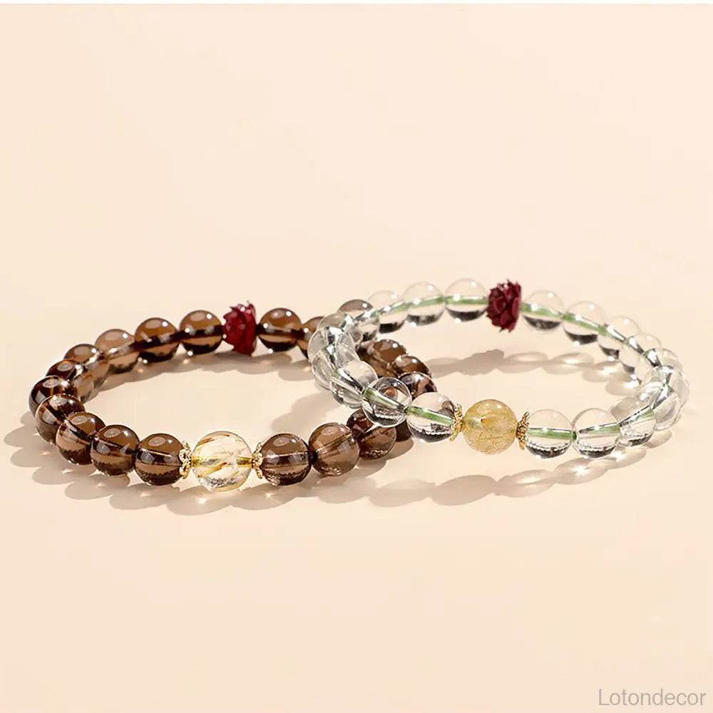 Cinnabar Lotus Blossom Bracelet Clear Quartz Smoky Quartz Feng Shui Wealth Bracelet for Prosperity - Loton Decor