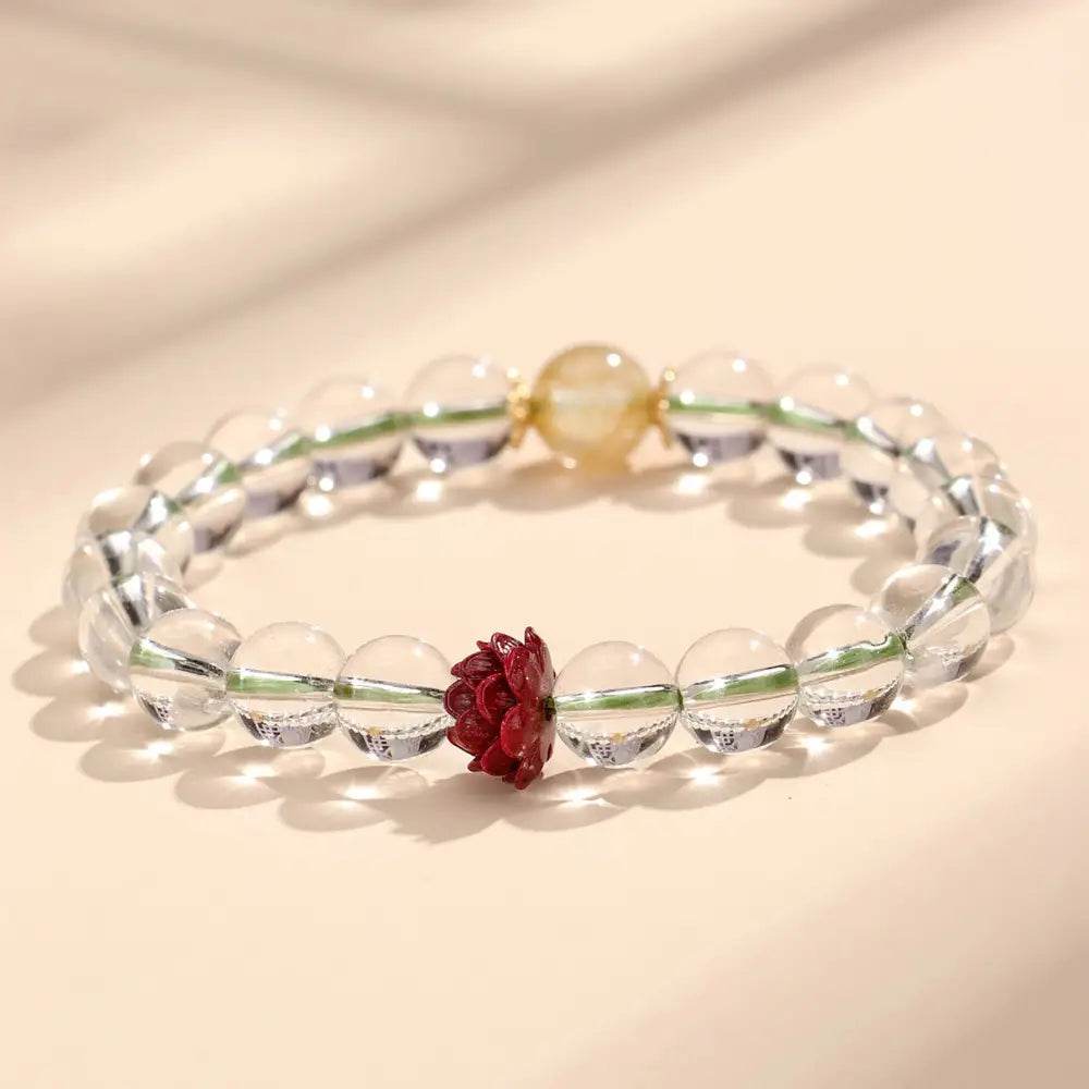 Cinnabar Lotus Blossom Bracelet Clear Quartz Smoky Quartz Feng Shui Wealth Bracelet for Prosperity - Loton Decor