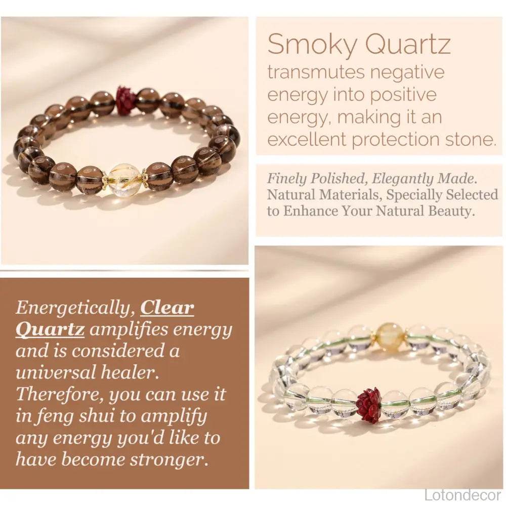 Cinnabar Lotus Blossom Bracelet Clear Quartz Smoky Quartz Feng Shui Wealth Bracelet for Prosperity - Loton Decor