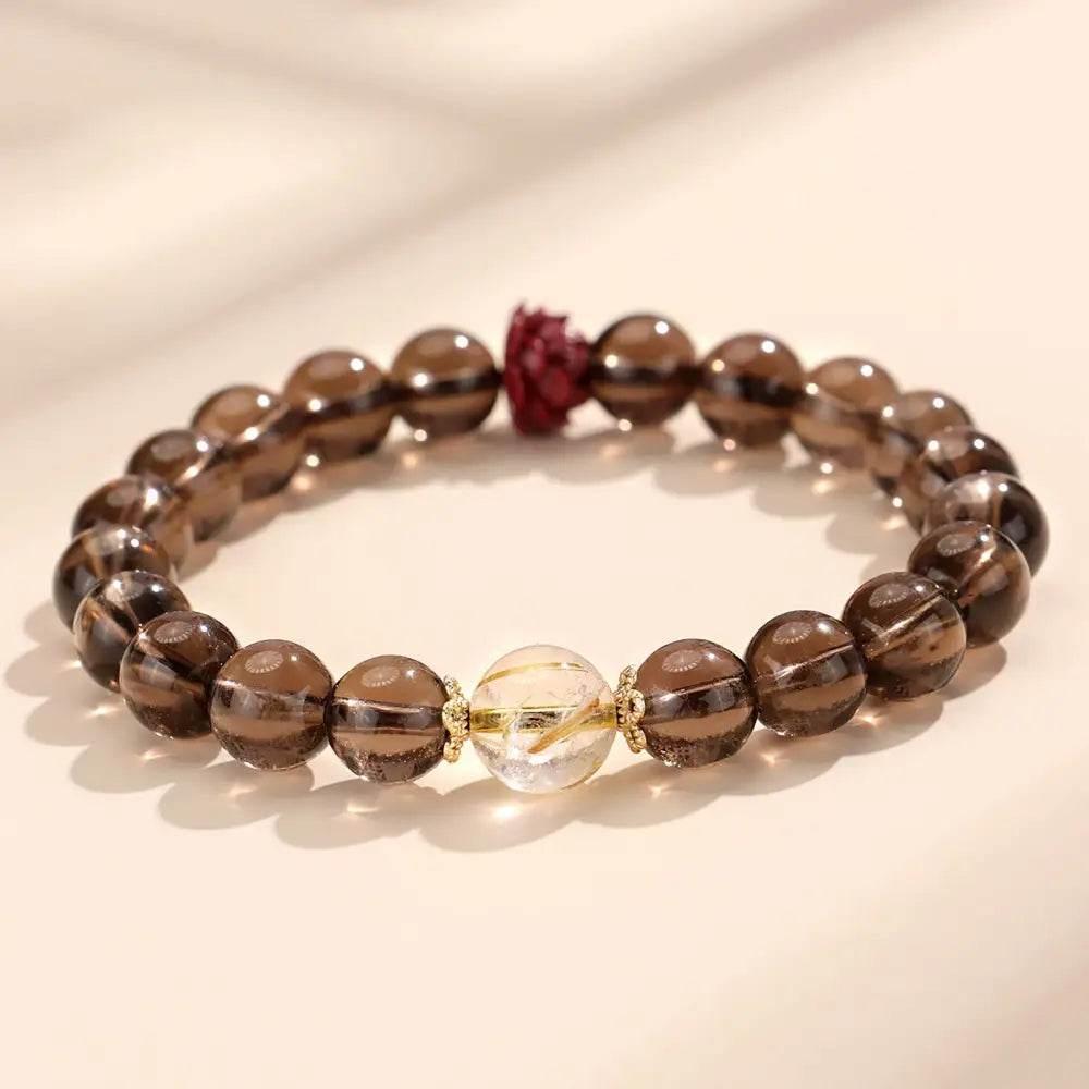 Cinnabar Lotus Blossom Bracelet Clear Quartz Smoky Quartz Feng Shui Wealth Bracelet for Prosperity - Loton Decor