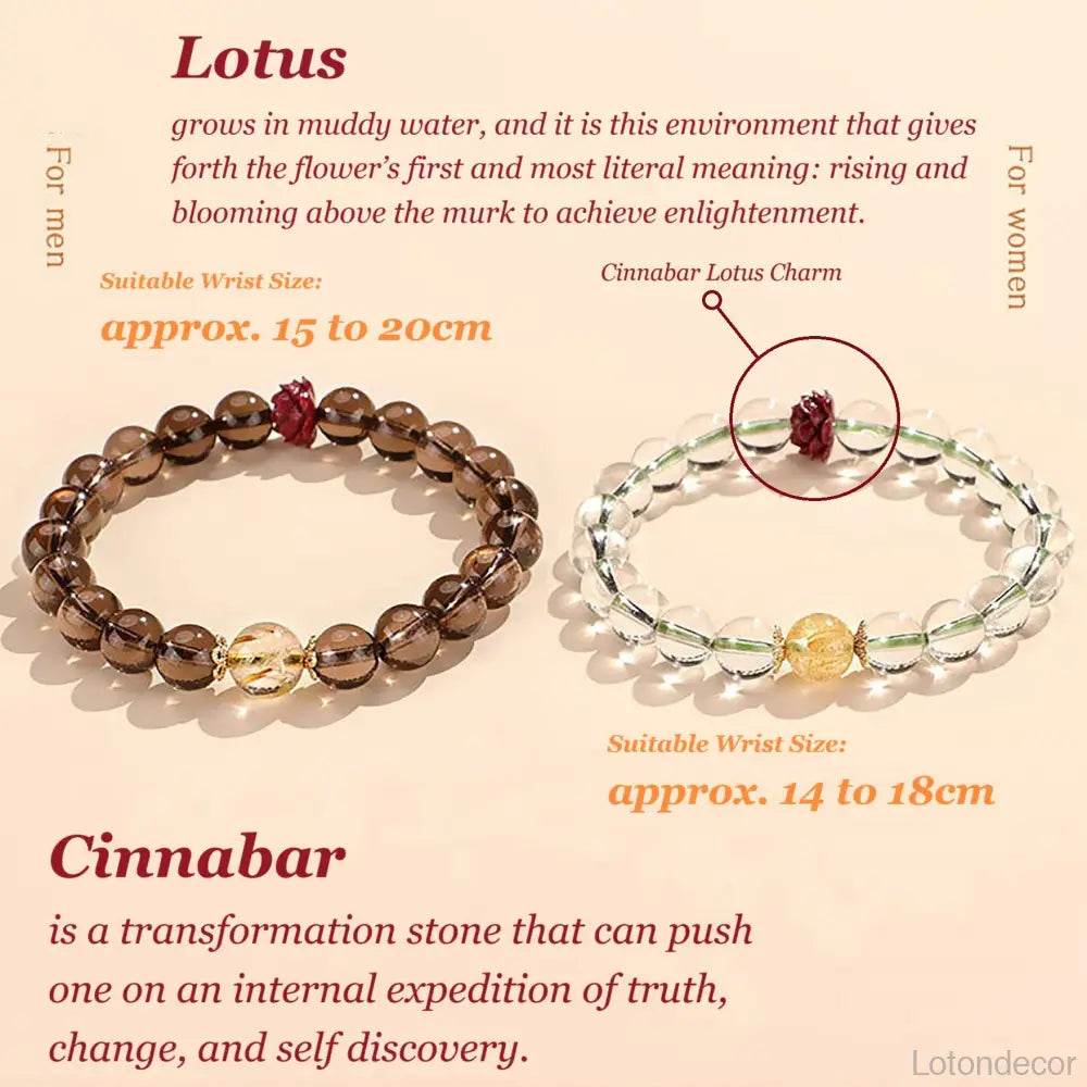 Cinnabar Lotus Blossom Bracelet Clear Quartz Smoky Quartz Feng Shui Wealth Bracelet for Prosperity - Loton Decor