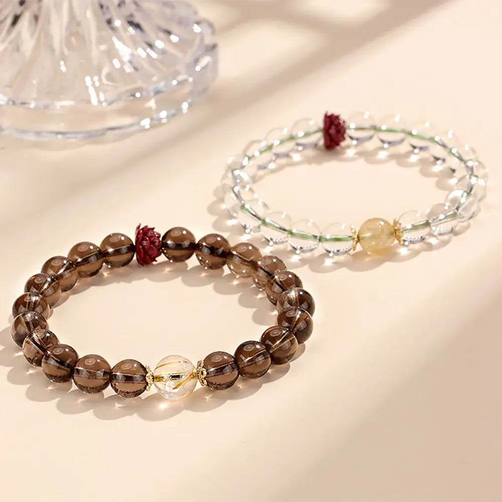 Cinnabar Lotus Blossom Bracelet Clear Quartz Smoky Quartz Feng Shui Wealth Bracelet for Prosperity - Loton Decor