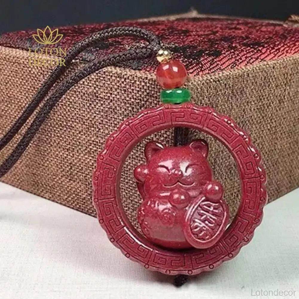 Cinnabar Lucky Cat Necklace – Feng Shui Quartz Crystal Amulet - Loton Decor
