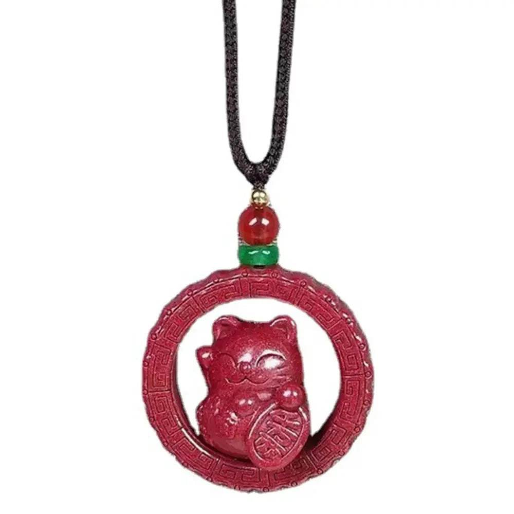 Cinnabar Lucky Cat Necklace – Feng Shui Quartz Crystal Amulet - Loton Decor