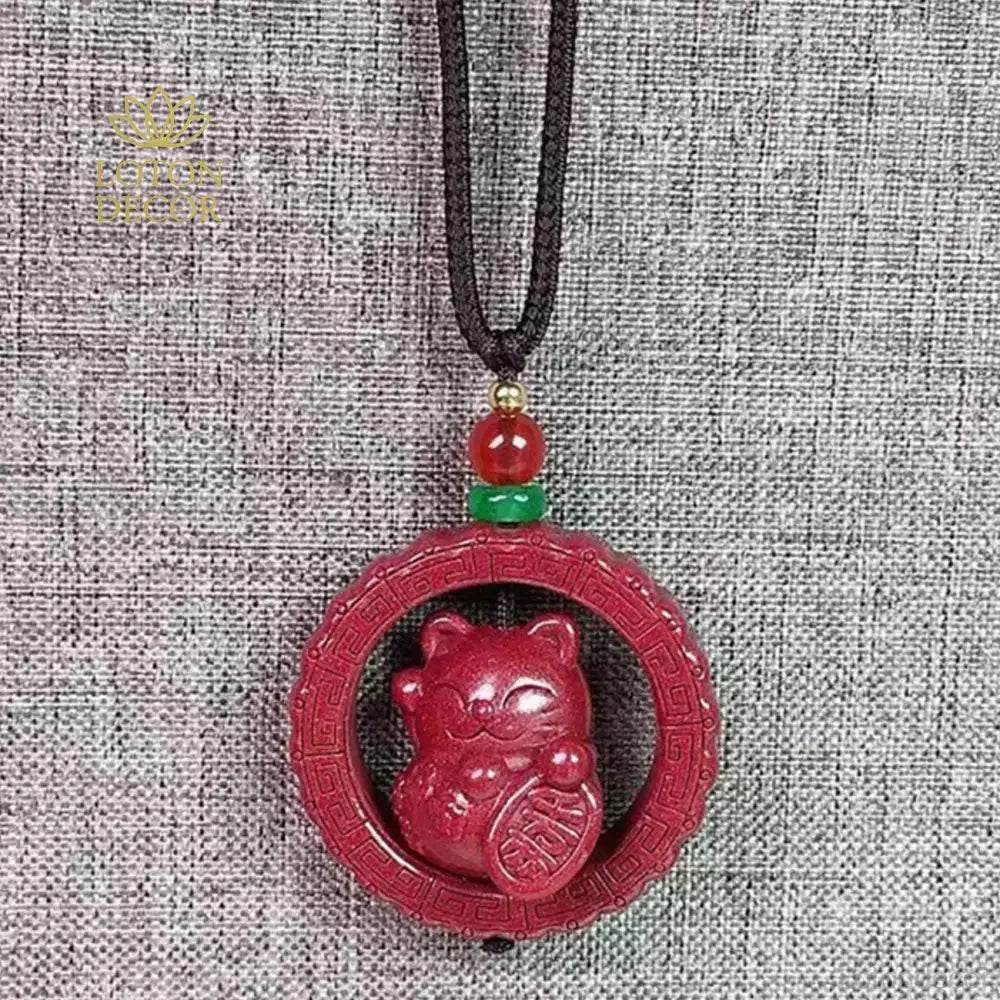Cinnabar Lucky Cat Necklace – Feng Shui Quartz Crystal Amulet - Loton Decor